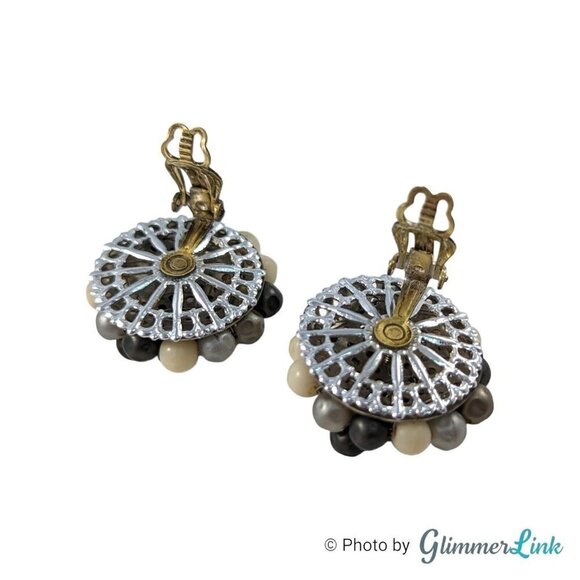 Vintage 50s Japan 4 Strand Gray & White Necklace Cluster Clip On Earrings - Picture 9 of 13